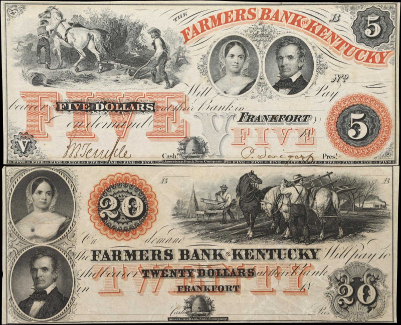 Lot of (2) Frankfort, Kentucky. Farmers Bank of Kentucky. 18xx $5 & $20. Remaind...