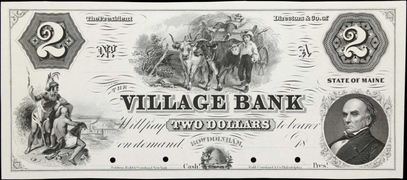 Bowdoinham, Maine. Village Bank. 18xx $2. Uncirculated. Proof.
Imprint of Baldw...