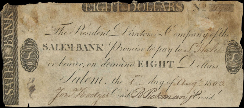 Salem, Massachusetts. Salem Bank. 1803 $8. Very Good. Contemporary Counterfeit....