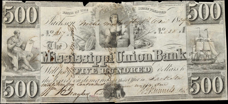 Jackson, Mississippi. Mississippi Union Bank. 1839 $500. Very Good.
No.517/632....