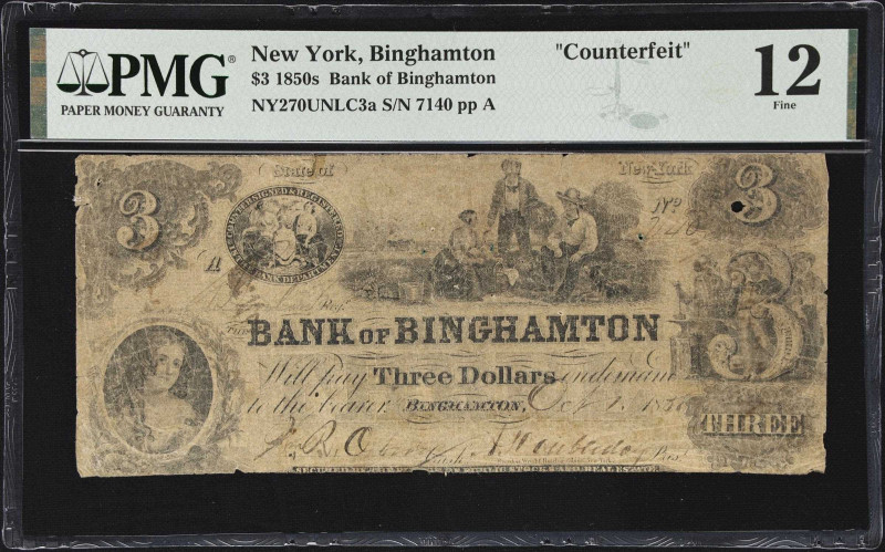 Binghamton, New York. Bank of Binghamton. 1858 $3. PMG Fine 12. Contemporary Cou...