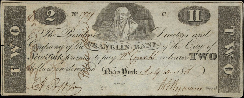 New York, New York. Franklin Bank. 1818 $2. Extremely Fine.
No. 1709. Plate C. ...