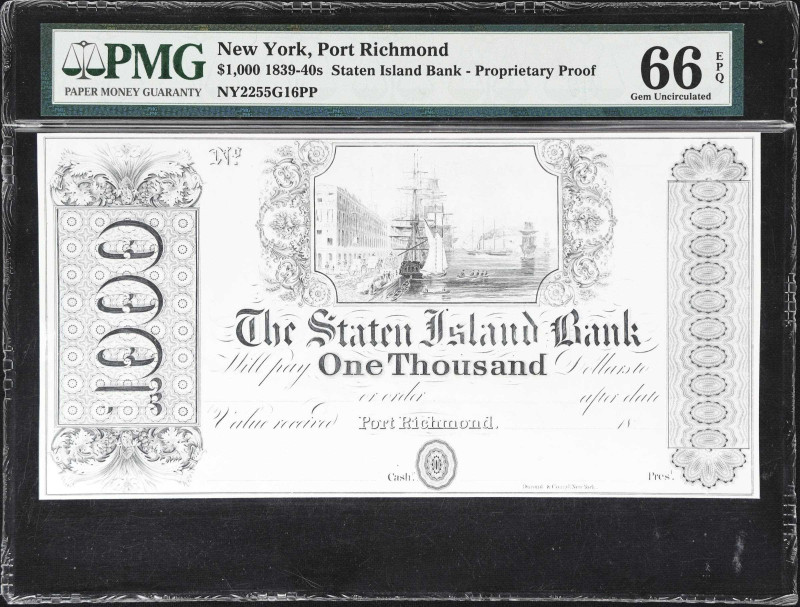 Port Richmond, New York. Staten Island Bank. 18xx $1000. PMG Gem Uncirculated 66...