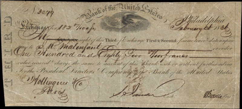 Philadelphia, Pennsylvania. Bank of the United States. 1836 $182.87. Fine.
No. ...