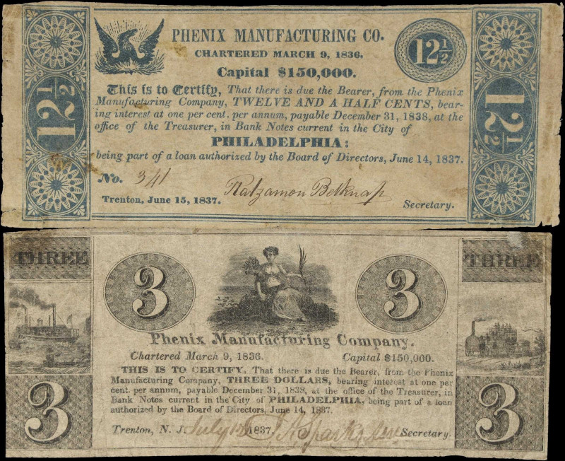 Lot of (2) Philadelphia, Pennsylvania. Phenix Manufacturing Company. 1837 12 1/2...