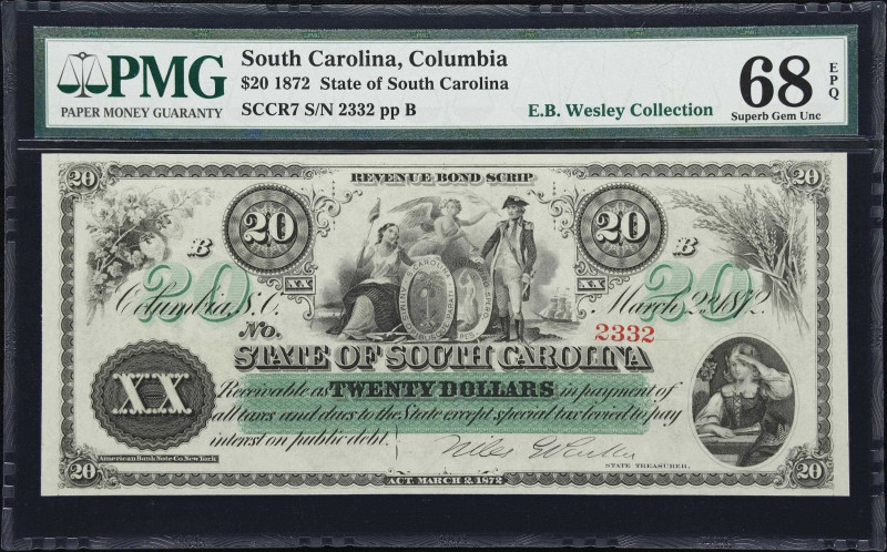 Columbia, South Carolina. State of South Carolina. 1872 $20. PMG Superb Gem Unci...