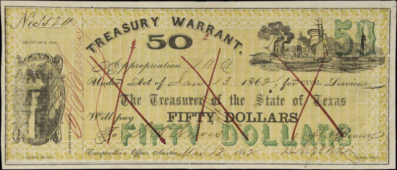 Austin, Texas. The Treasurer of the State of Texas. 1862 $50. Treasury Warrant. ...