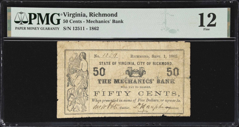 Richmond, Virginia. Mechanics' Bank. 1862 50 Cents. PMG Fine 12.
No. 12511. A w...