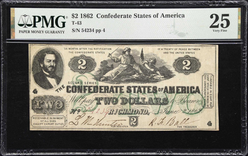 T-43. Confederate Currency. 1862 $2. PMG Very Fine 25.
No. 54234. Plate 4. Port...