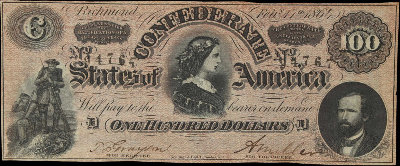 T-65. Confederate Currency. 1864 $100. Choice Uncirculated to Gem Uncirculated. ...