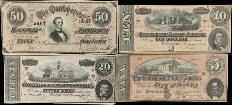 Lot of (4) T-66, T-67, T-68 & T-69. Confederate Currency. 1864 $5, $10, $20 & $5...