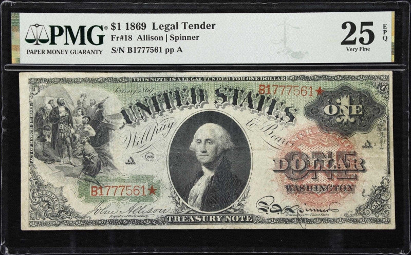 Fr. 18. 1869 $1 Legal Tender Note. PMG Very Fine 25 EPQ.
A handsome and exceedi...