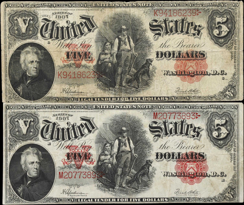 Lot of (2) Fr. 91. 1907 $5 Legal Tender Note. Fine to Very Fine.
Two evenly cir...