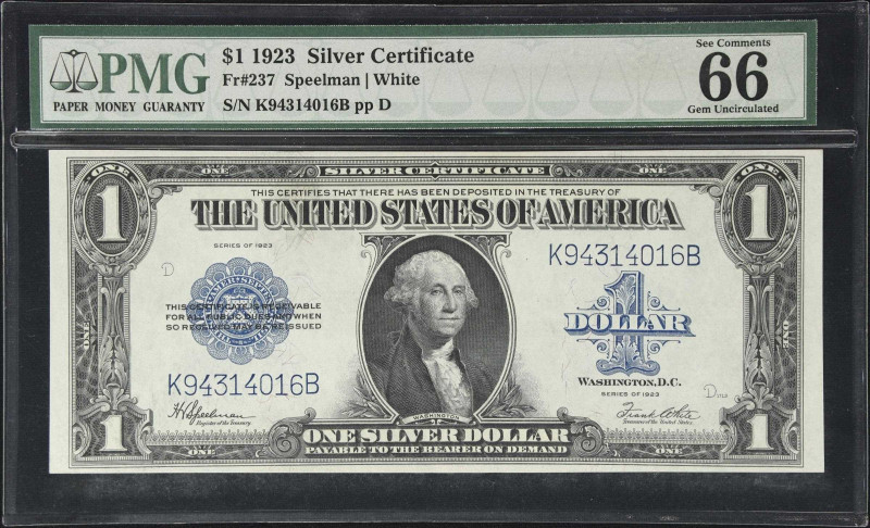 Fr. 237. 1923 $1 Silver Certificate. PMG Gem Uncirculated 66 EPQ.
KB Block. An ...