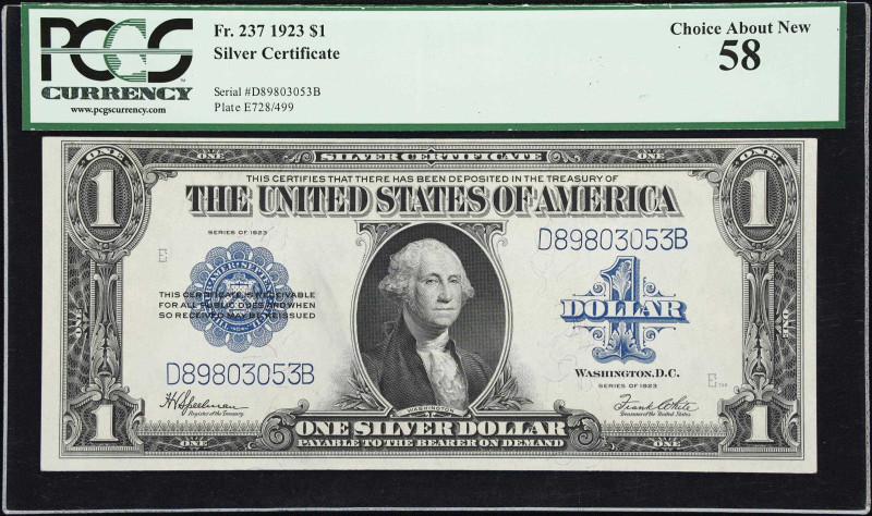 Fr. 237. 1923 $1 Silver Certificate. PCGS Currency Choice About New 58.
An attr...