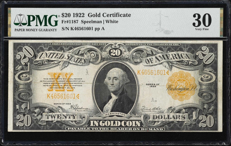 Fr. 1187. 1922 $20 Gold Certificate. PMG Very Fine 30.
An evenly circulated exa...