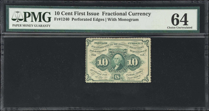 Fr. 1240. 10 Cents. First Issue. PMG Choice Uncirculated 64.
Fully margined wit...