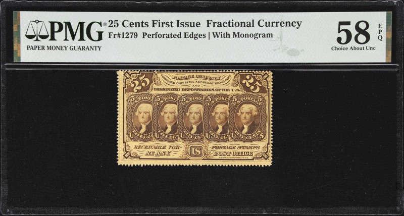 Fr. 1279. 25 Cents. First issue. PMG Choice About Uncirculated 58 EPQ.
Featurin...