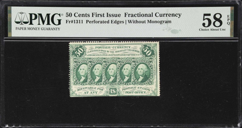 Fr. 1311. 50 Cents. First Issue. PMG Choice About Uncirculated 58 EPQ.
A lightl...