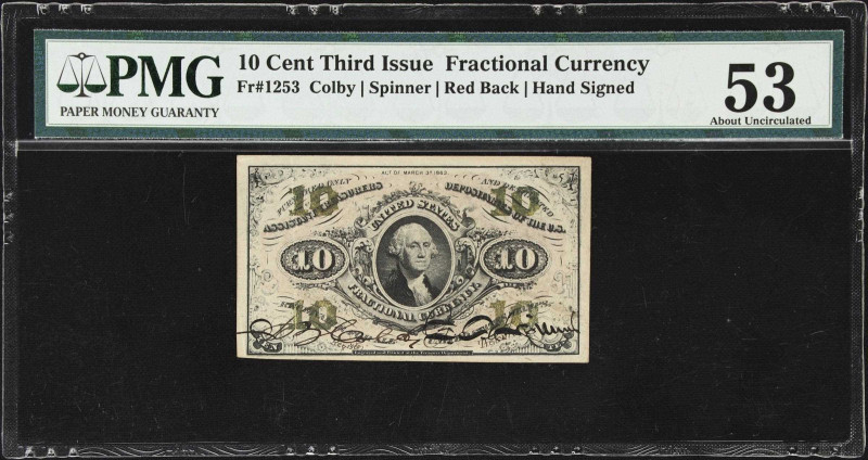 Fr. 1253. 10 Cents. Third Issue. PMG About Uncirculated 53.
Red Back. Hand Sign...