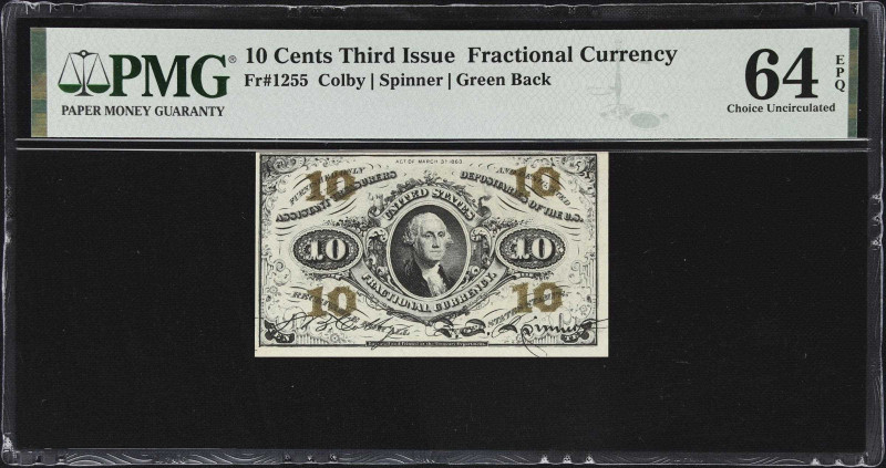 Fr. 1255. 10 Cents. Third Issue. PMG Choice Uncirculated 64 EPQ.
Featuring a po...