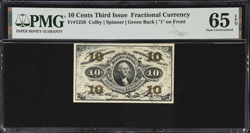 Fr. 1256. 10 Cents. Third Issue. PMG Gem Uncirculated 65 EPQ.
Green Back. "1" o...