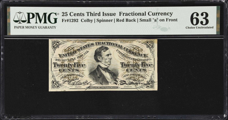 Fr. 1292. 25 Cents. Third Issue. PMG Choice Uncirculated 63.
Red Back. Small "a...