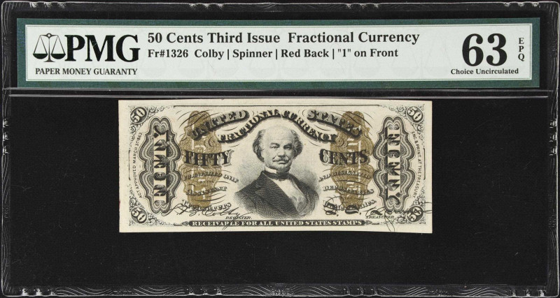 Fr. 1326. 50 Cents. Third Issue. PMG Choice Uncirculated 63 EPQ.
Red Back. "1" ...