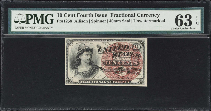 Fr. 1258. 10 Cents. Fourth Issue. PMG Choice Uncirculated 63 EPQ.
An attractive...