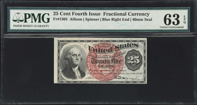 Fr. 1303. 25 Cents. Fourth Issue. PMG Choice Uncirculated 63 EPQ.
A handsome ex...