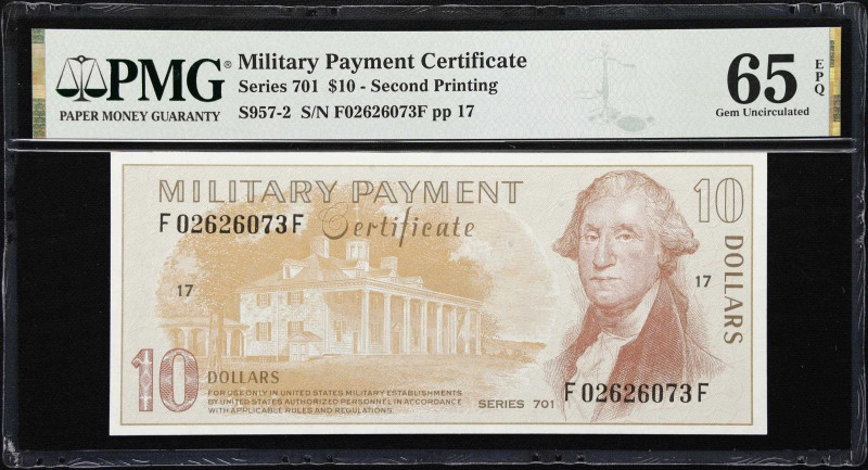 Military Payment Certificate. Series 701. $10. PMG Gem Uncirculated 65 EPQ. Seco...