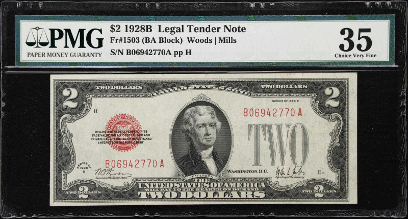 Fr. 1503. 1928B $2 Legal Tender Note. PMG Choice Very Fine 35.
A moderately cir...