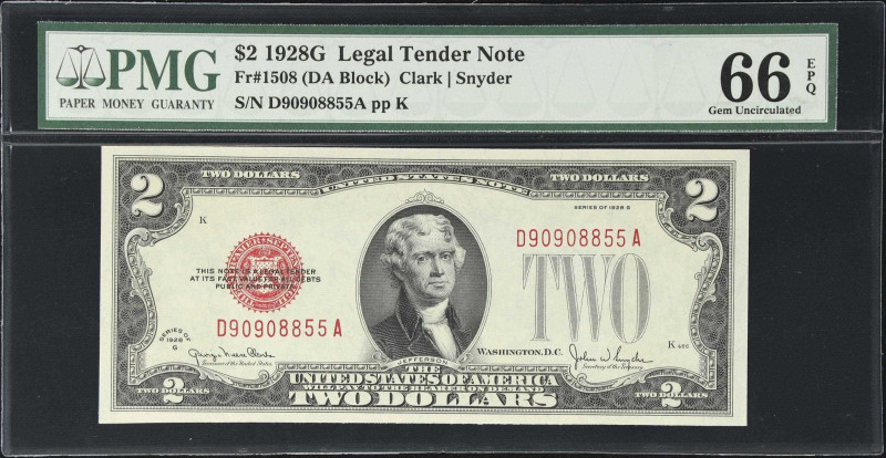 Fr. 1508. 1928G $2 Legal Tender Note. PMG Gem Uncirculated 66 EPQ.
Large frame-...