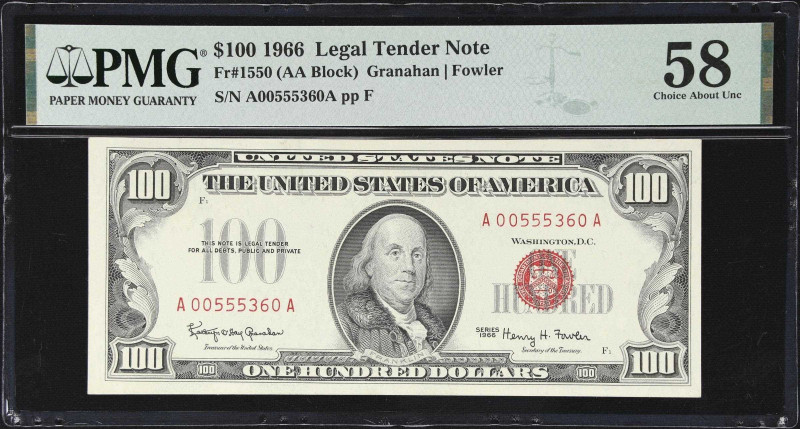 Fr. 1550. 1966 $100 Legal Tender Note. PMG Choice About Uncirculated 58.
A ligh...