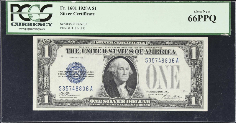 Fr. 1601. 1928A $1 Silver Certificate. PCGS Currency Gem New 66 PPQ.
SA Block. ...