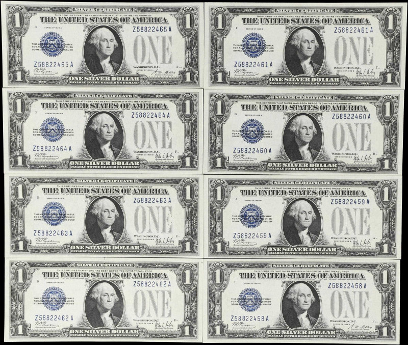 Lot of (8) Fr. 1601 & 1602. 1928A - 28B $1 Silver Certificates. Choice Uncircula...