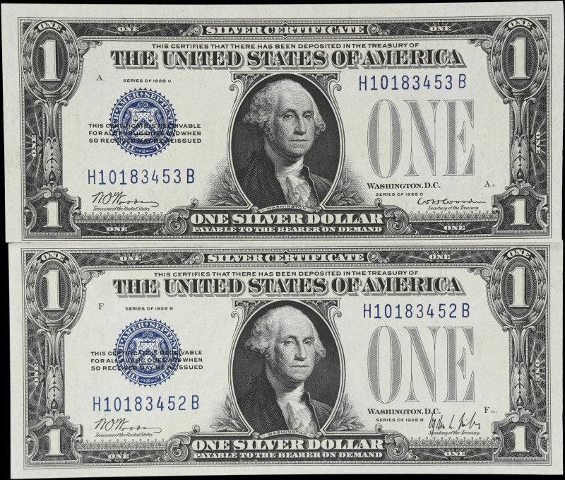 Lot of (2) Fr. 1602 & 1603. 1928B - 28C $1 Silver Certificates. Choice Uncircula...