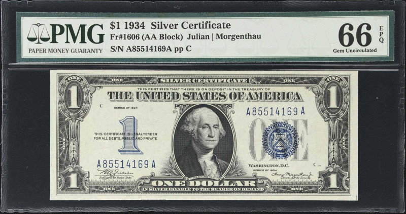 Fr. 1606. 1934 $1 Silver Certificate. PMG Gem Uncirculated 66 EPQ.
AA Block. A ...