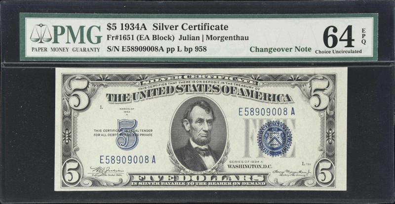 Lot of (2) Fr. 1651 & 1651m. 1934A $5 Silver Certificates. PMG Choice Uncirculat...