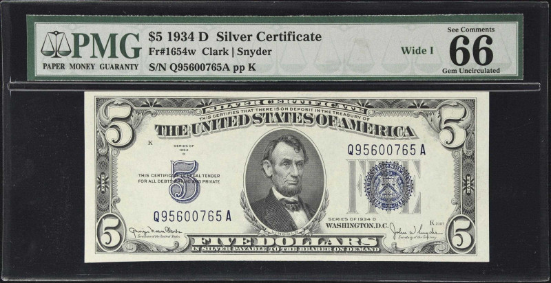 Fr. 1654w. 1934D $5 Silver Certificate. PMG Gem Uncirculated 66 EPQ. Wide I.
QA...