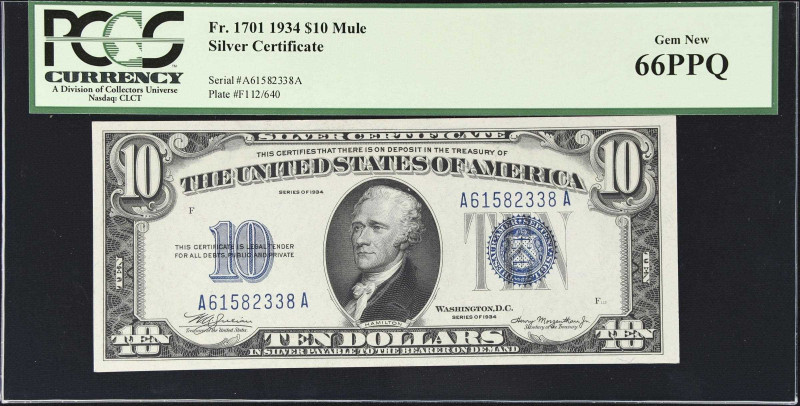 Fr. 1701m. 1934 $10 Silver Certificate Mule Note. PCGS Currency Gem New 66 PPQ....