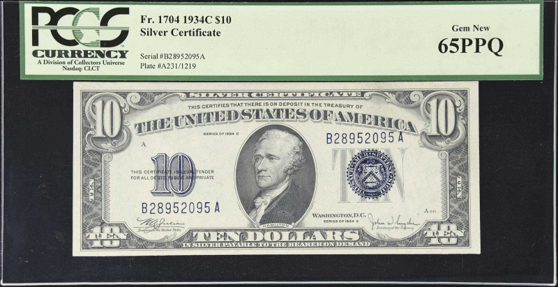 Fr. 1704. 1934C $10 Silver Certificate. PCGS Currency Gem New 65 PPQ.
BA Block....