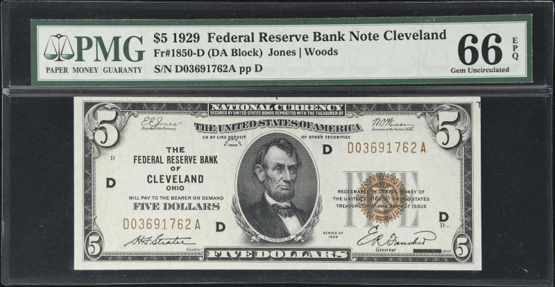 Fr. 1850-D. 1929 $5 Federal Reserve Bank Note. Cleveland. PMG Gem Uncirculated 6...