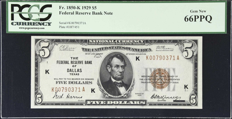 Fr. 1850-K. 1929 $5 Federal Reserve Bank Note. Dallas. PCGS Currency Gem New 66 ...