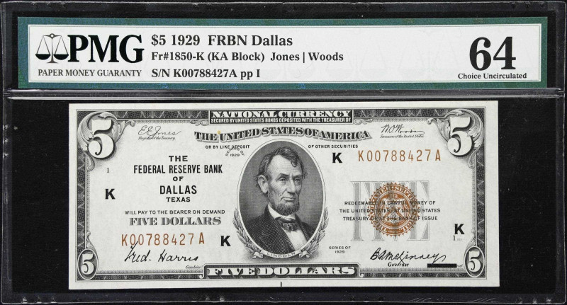 Fr. 1850-K. 1929 $5 Federal Reserve Bank Note. Dallas. PMG Choice Uncirculated 6...