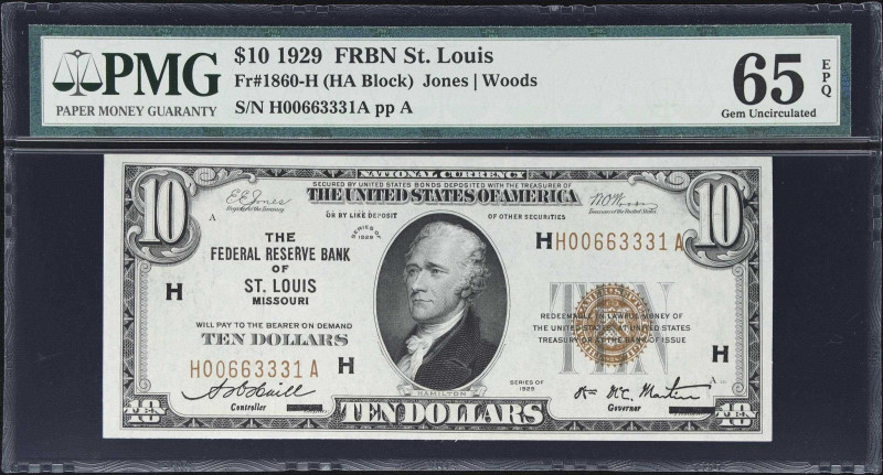 Fr. 1860-H. 1929 $10 Federal Reserve Bank Note. St. Louis. PMG Gem Uncirculated ...