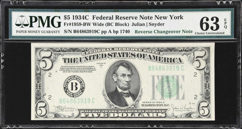 Lot of (2) Fr. 1959-BW & 1960-B. 1934C - 34D $5 Federal Reserve Notes. New York....