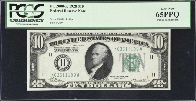 Fr. 2000-K. 1928 $10 Federal Reserve Note. Dallas. PCGS Currency Gem New 65 PPQ....