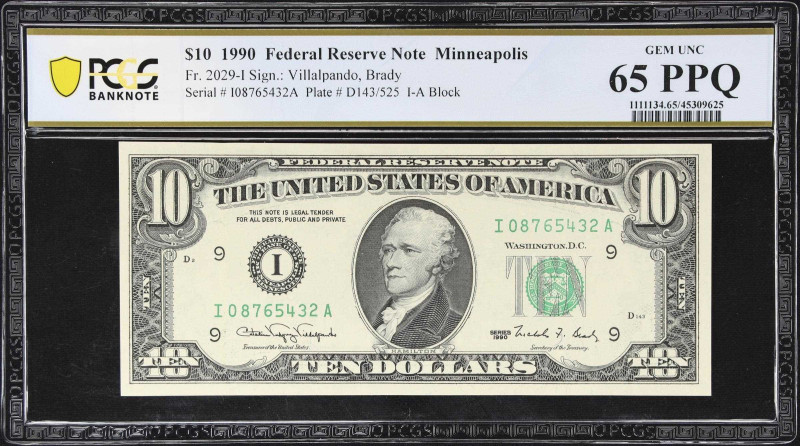 Fr. 2029-I. 1990 $10 Federal Reserve Note. Minneapolis. PCGS Banknote Gem Uncirc...