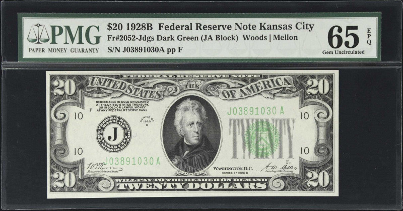 Fr. 2052-Jdgs. 1928B Dark Green Seal $20 Federal Reserve Note. PMG Gem Uncircula...